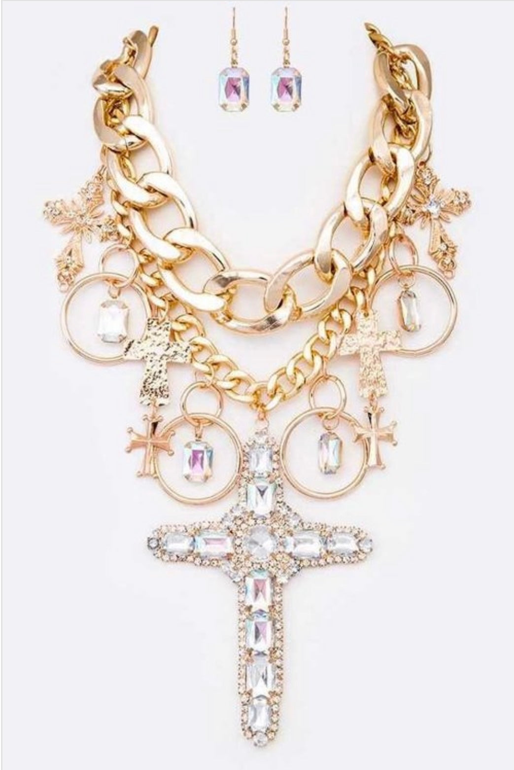 Crystal Cross Mix Chain Necklace & Earring Set